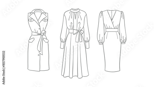 Fashion sketches of elegant dresses with belts and long sleeves