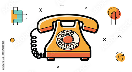Vintage yellow rotary telephone illustration in a modern flat design style with bold outlines and abstract geometric background elements.