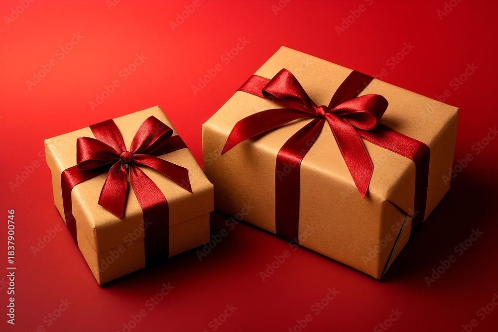 Fototapeta premium Golden Christmas Gift Boxes with Red Ribbon Bows on a Festive Red Background