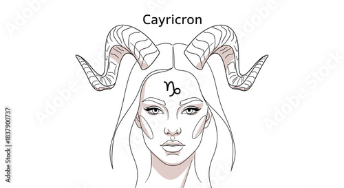 An artistic line art illustration of the Capricorn zodiac sign, showing a beautiful woman with large goat horns and the astro symbol.