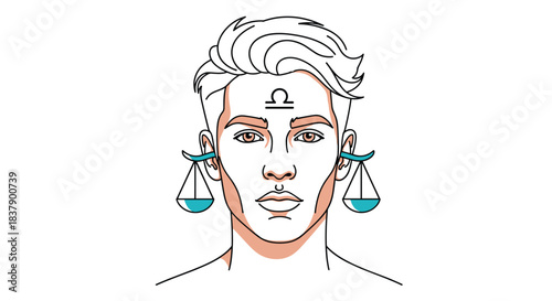 Modern astrological illustration of the Libra zodiac sign, featuring a handsome man with scales of justice as stylish earrings.