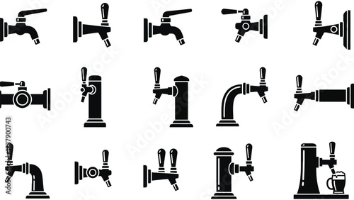 Collection of beer taps vector illustration black and white
