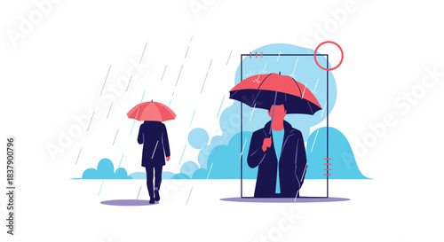 Modern flat vector illustration of two people with bright red umbrellas walking in the rain, with one person framed in a close-up.