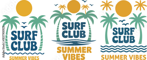 Retro surf club logo designs with palm trees sun and summer vibes typography emblems collection