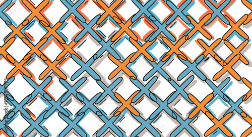 A playful seamless pattern of overlapping orange and blue hand-drawn crosses or plus signs with shadows on a white background.