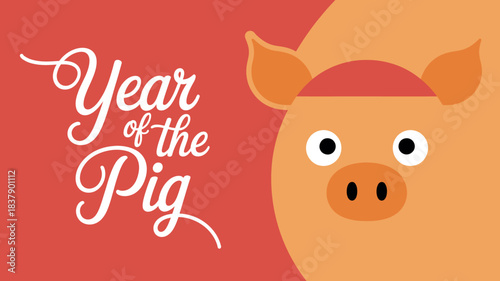 Stylized Year of the Pig illustration for Chinese New Year celebrations and horoscope predictions featuring a cheerful animal