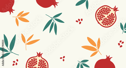 A beautiful seamless pattern with stylized red pomegranates, colorful leaves, and seeds on a light background for a modern look.