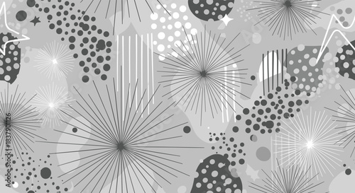 A dynamic seamless abstract pattern in grayscale, featuring starbursts, dots, and stripes for a contemporary celebratory feel.