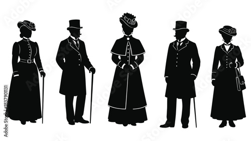 Victorian era silhouettes elegant vintage fashion illustration