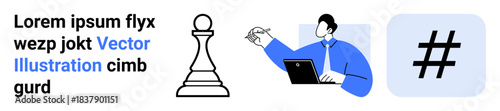 Chess pawn, analyst writing with laptop, and metadata tag symbol. Ideal for strategy, social media, teamwork, leadership, planning, creativity simple landing page
