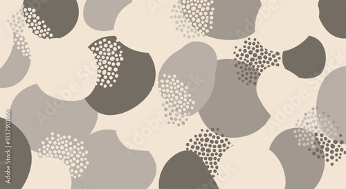 A sophisticated seamless pattern of abstract overlapping shapes and dot clusters in neutral, earthy tones of beige, gray, and brown.