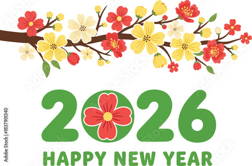 Happy New Year 2026 greeting with a decorative floral branch and a flower replacing the zero.