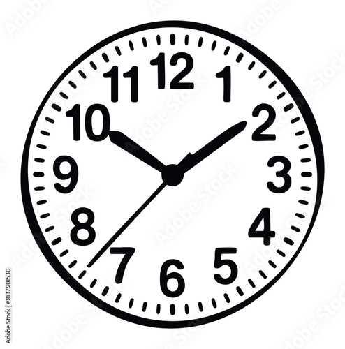 Classic analog wall clock with black numbers and hands showing the time on a circular face, perfect for representing time management and schedules.