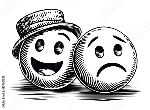 Two contrasting faces, one happy and wearing a hat, the other sad, representing dual emotions and mood swings, perfect for expressing emotional states in presentations and media.