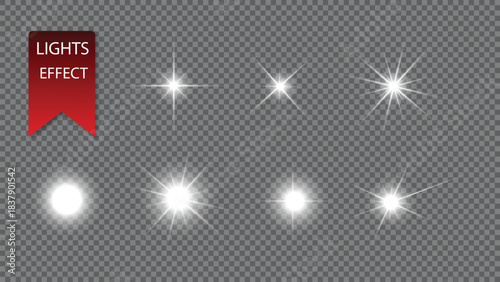 Set of various bright lens flare and star light effects isolated on white background