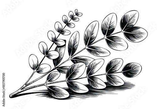 Botanical line art depicts a delicate branch with oval leaves, perfect for natural health branding and organic product marketing.