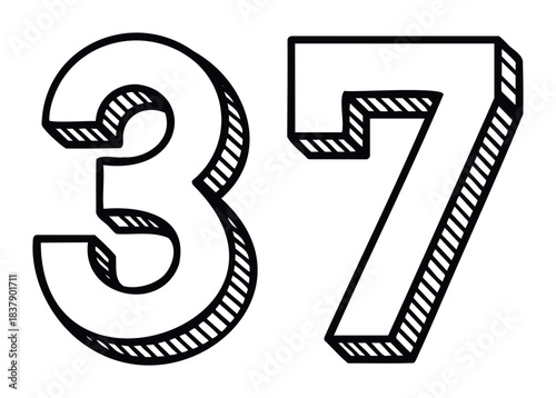 Bold outline number 37 with shading effect for graphic design projects and digital applications