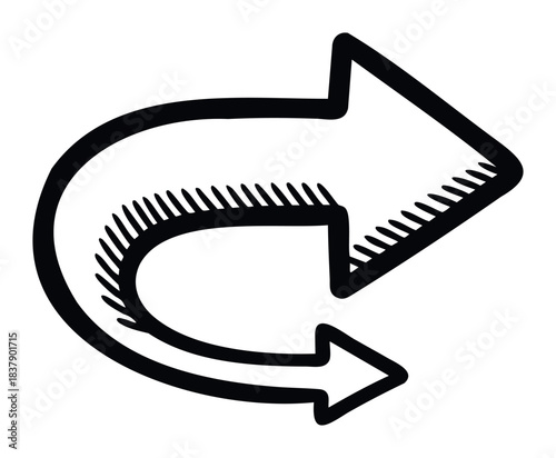 Hand drawn black arrow symbol indicating a Uturn or redo action, perfect for concept of repetition, correction, or cyclical process in visual communication.