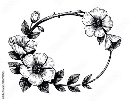 Elegant floral wreath composed of blooming flowers and budding plants, perfect for invitations, stationery, and graphic projects needing a touch of natures grace.