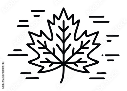 Outline of a maple leaf with radiating lines and dots symbolizing autumn or natures flow, perfect for seasonal promotions or organic themes.