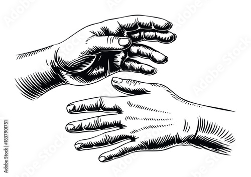 Two hands reaching towards each other with fingers spread in a symbolic gesture of connection, hope, or anticipation, suitable for themes of support, greeting, or partnership.