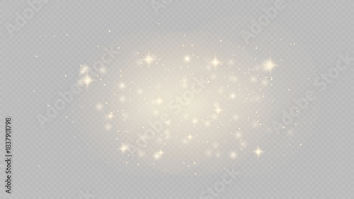 Sparkling light particles effect on a light gray background, abstract glowing dust and bokeh, isolated on white