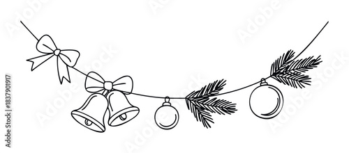 Festive garland with Christmas bells, bows, ornaments, and pine branches for holiday decoration and seasonal celebrations, perfect for greeting cards and festive projects.