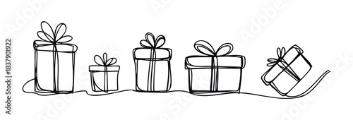 Hand drawn line art presents a continuous line of gift boxes with bows, perfect for holiday greetings, celebrations, and festive promotional materials.