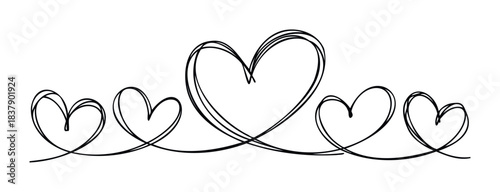 Continuous line drawing of five interconnected hearts creating a flowing celebratory border, perfect for romantic invitations, greeting cards, or celebratory decorations