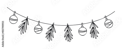 Christmas garland with baubles and fir branches for holiday decoration, used for seasonal celebrations and festive greetings on various media platforms.
