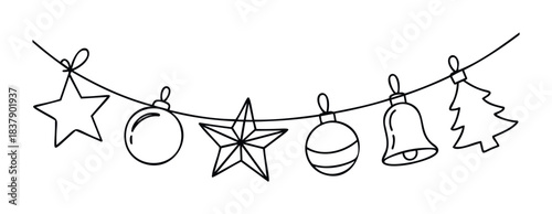 Festive garland with hand drawn Christmas ornaments including stars, baubles, bell, and tree for holiday celebrations and seasonal decor use