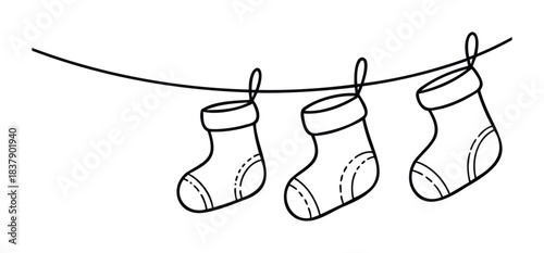 Three simple black line drawings of hanging Christmas stockings arranged on a thin cord, perfect for holiday greetings and seasonal celebrations.