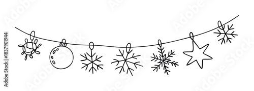 Whimsical hand drawn string of winter holiday ornaments including snowflakes and a star for festive decoration and seasonal celebration