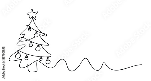 Minimalist single line drawing of a festive Christmas tree adorned with baubles and a star, perfect for holiday greetings and seasonal celebrations.