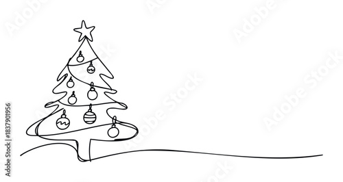 Simple black outline drawing of a decorated Christmas tree with ornaments and star topper, perfect for festive holiday greetings and seasonal projects.