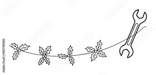 Festive holly garland strung with a wrench, perfect for holiday crafting and seasonal workshop themes representing a blend of celebration and utility.