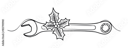 Holiday spanner with holly and berries emblem symbolizing seasonal repair and maintenance work or festive workshop themes for greeting cards and seasonal promotions.