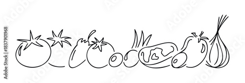 Line drawing of fresh vegetables including tomatoes, bell pepper, onion, and cucumber, perfect for food blogs, recipes, and healthy eating themes