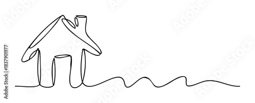 Simple line drawing of a house with a chimney and a wavy line extending to the right, perfect for real estate or property related projects.