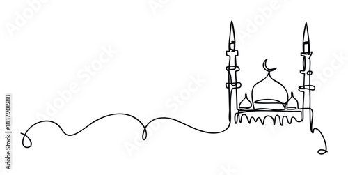 Abstract single line drawing of a mosque with minarets and domes, symbolic religious architecture for Islamic culture, suitable for Ramadan greetings and cultural themes