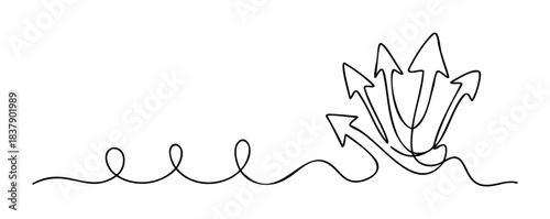 Abstract visual metaphor of a single line evolving from a winding path into multiple arrows diverging outwards suggesting growth and new directions for your projects