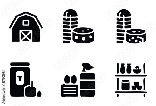 Collection of farm and storage icons including a barn, silos, jars, and shelves for agricultural or food industry concepts.