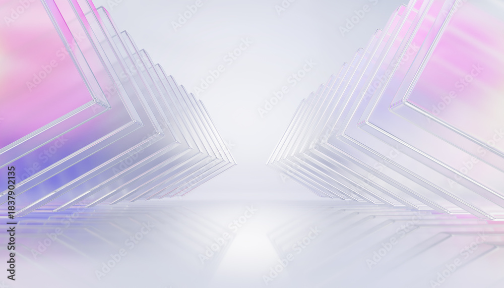 Fototapeta premium Hologram 3d glass tunnel perspective. Pastel hall with transparent triangle arrows and rainbow gradient. Abstract futuristic white corridor of geometric lines in pink and blue colors. 3D illustration