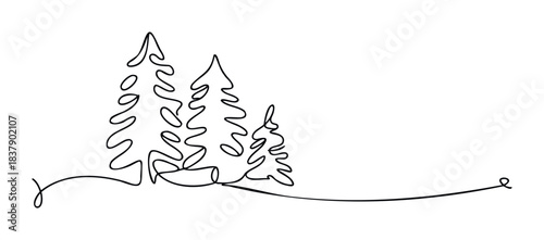 Minimalist continuous line drawing of evergreen trees with flowing organic lines, perfect for nature themes and landscape visuals.