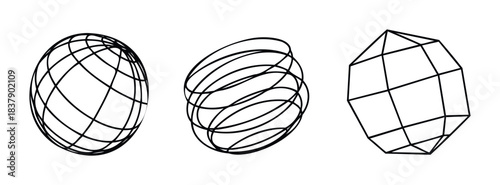 Three abstract geometric sphere and polyhedron wireframe shapes representing data networks global connectivity and structural frameworks for tech and science themes