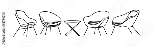 Modern living room setup with four minimalist chairs and a round Xshaped table, perfect for interior decor concepts and furniture collection promotions