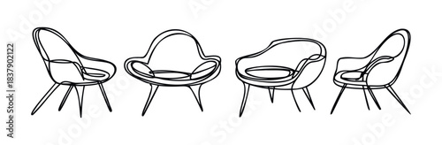 Set of four modern armchairs in a minimalist continuous line drawing style, perfect for interior decor websites or graphic usage.