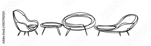 A minimalist line drawing depicts a modern furniture set with two lounge chairs and a round coffee table, perfect for interior design inspiration and lifestyle concepts.