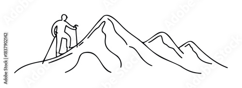 Minimalist line drawing of a person with poles hiking up a mountain, representing adventure and outdoor activity for travel and lifestyle themes