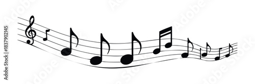 Musical notes and clef on flowing staff lines representing music composition and melody for audio projects and creative expression